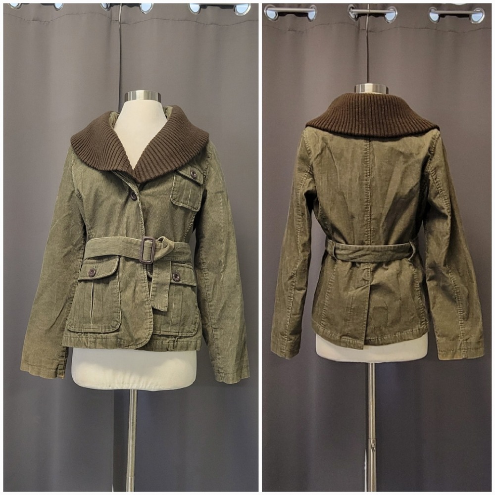Vintage 90s y2k Olive Green Corduroy Utility Jacket Belted‎ Shawl Collar Medium
